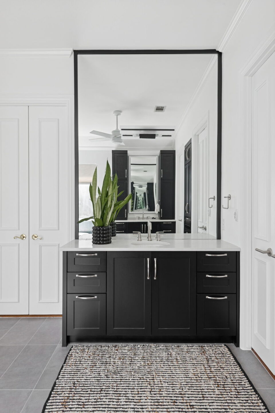 Bathroom Vanity Black Cabinetry And Mirror To Ceiling