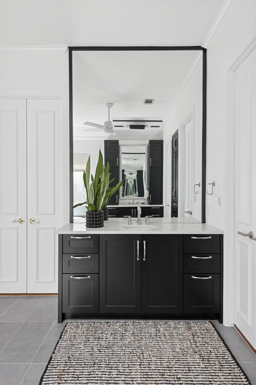 Bathroom Vanity Black Cabinetry And Mirror To Ceiling