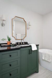 Dark Green Bathroom Vanity With Black Countertop