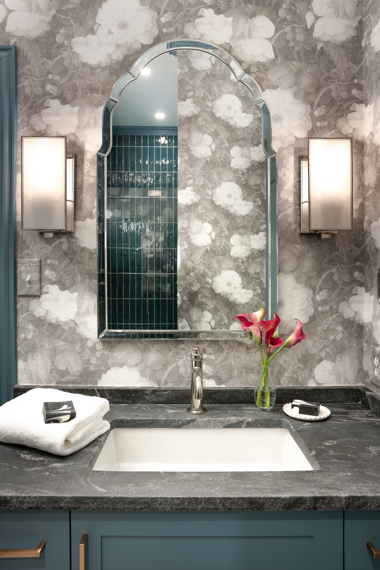 Gray Floral Wallpaper Powder Room