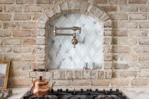 Light Brick Behind Kitchen Stove Pot Sink Tile