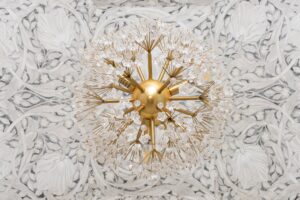 Powder Room Chandelier And Wallpaper Ceiling
