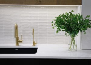 White Tile Backsplash Behind Kitchen Sink