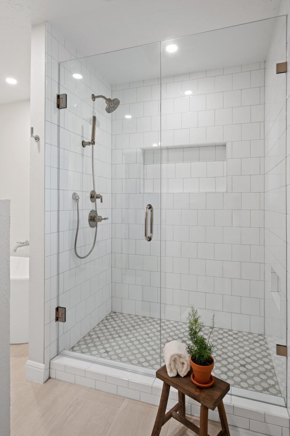 White Tile Shower With Glass Doors