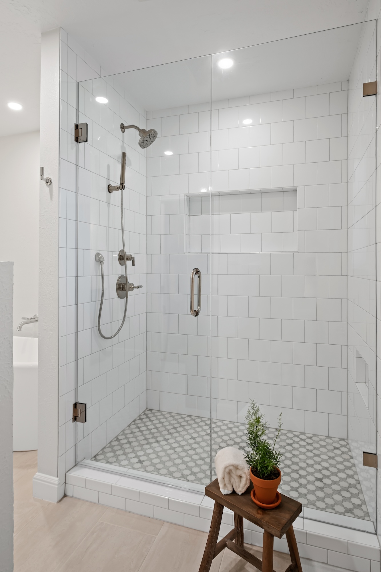 White Tile Shower With Glass Doors